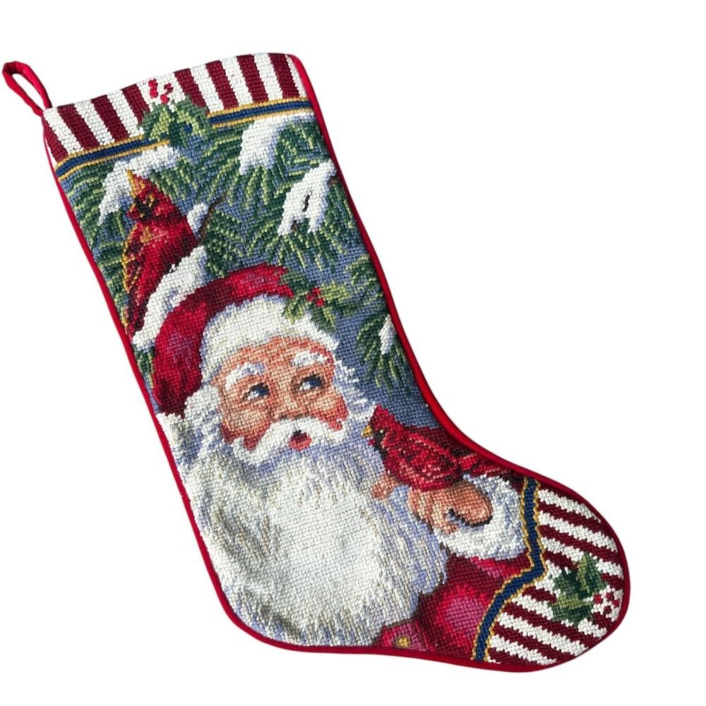 Vintage Santa Claus Wool‎ Needlepoint Christmas Stocking Red Cardinal Bird
